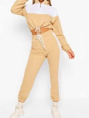 Nasty Gal Beige High-Waist Drawstring Joggers with Matching Quarter Zip